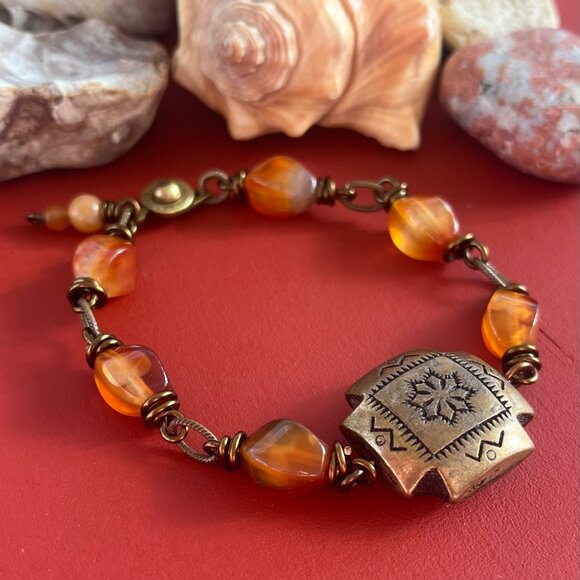 Carnelian Gemstone Bracelet, Brass Tribal Focal, Wire Wrapped Beaded Bracelet - Picture 2 of 4